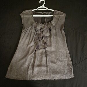 Armani Exchange Blouse Womens Small Gray 100% Silk Ruffle Scoop Neck Tunic Top